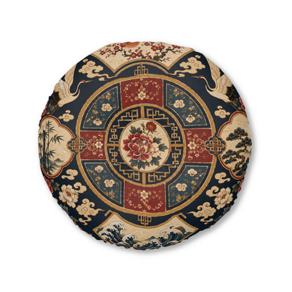 East Asian Oriental Floral Medallion Round Tufted Floor Pillow
