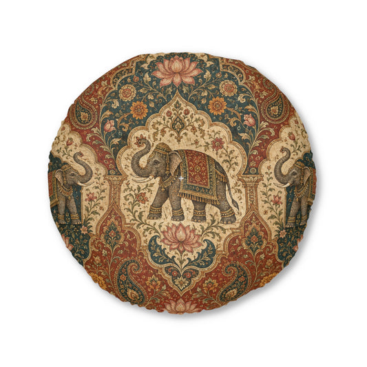 Indian Vintage Elephant Tapestry Round Tufted Floor Pillow