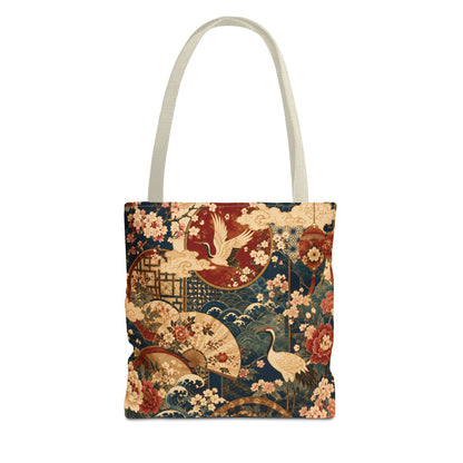 East Asian Floral Crane Full Art Tote Bag