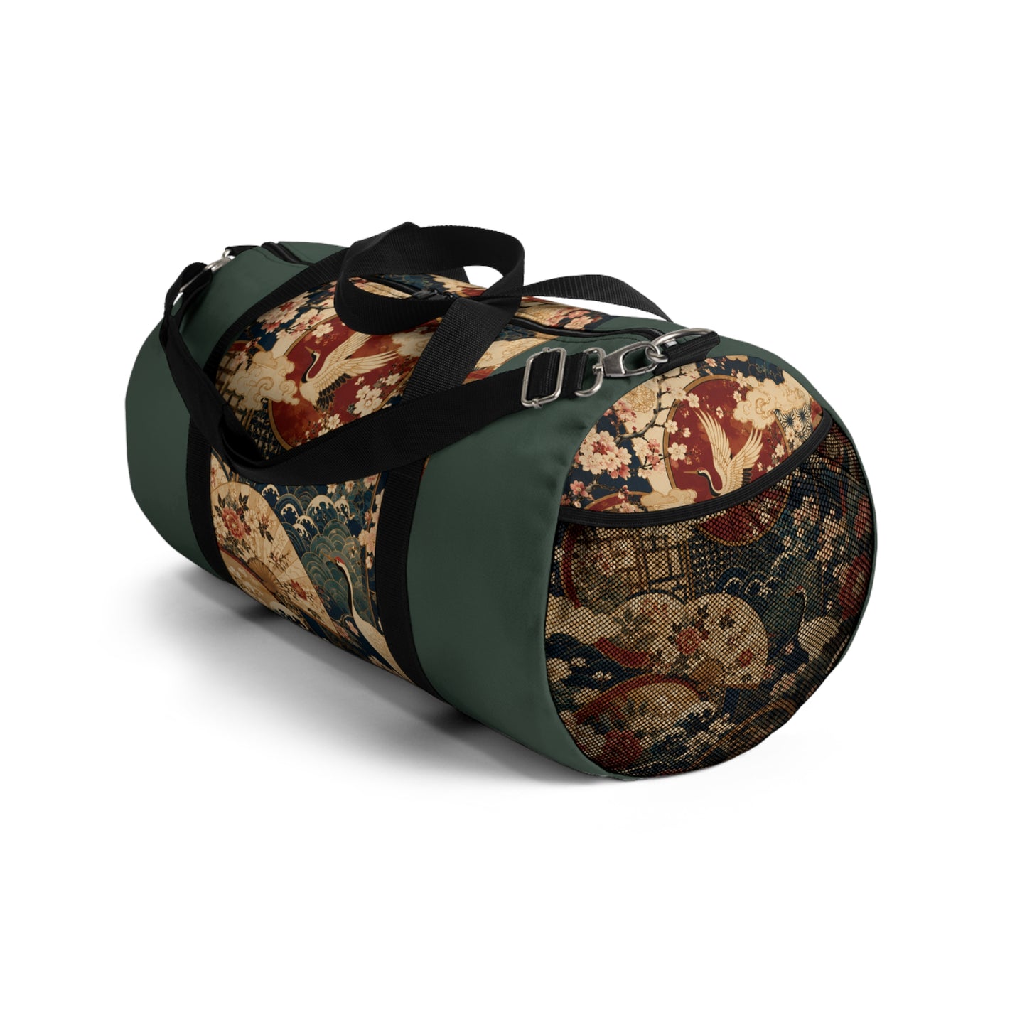 East Asian Floral Crane Sage Green Duffel Gym Bag