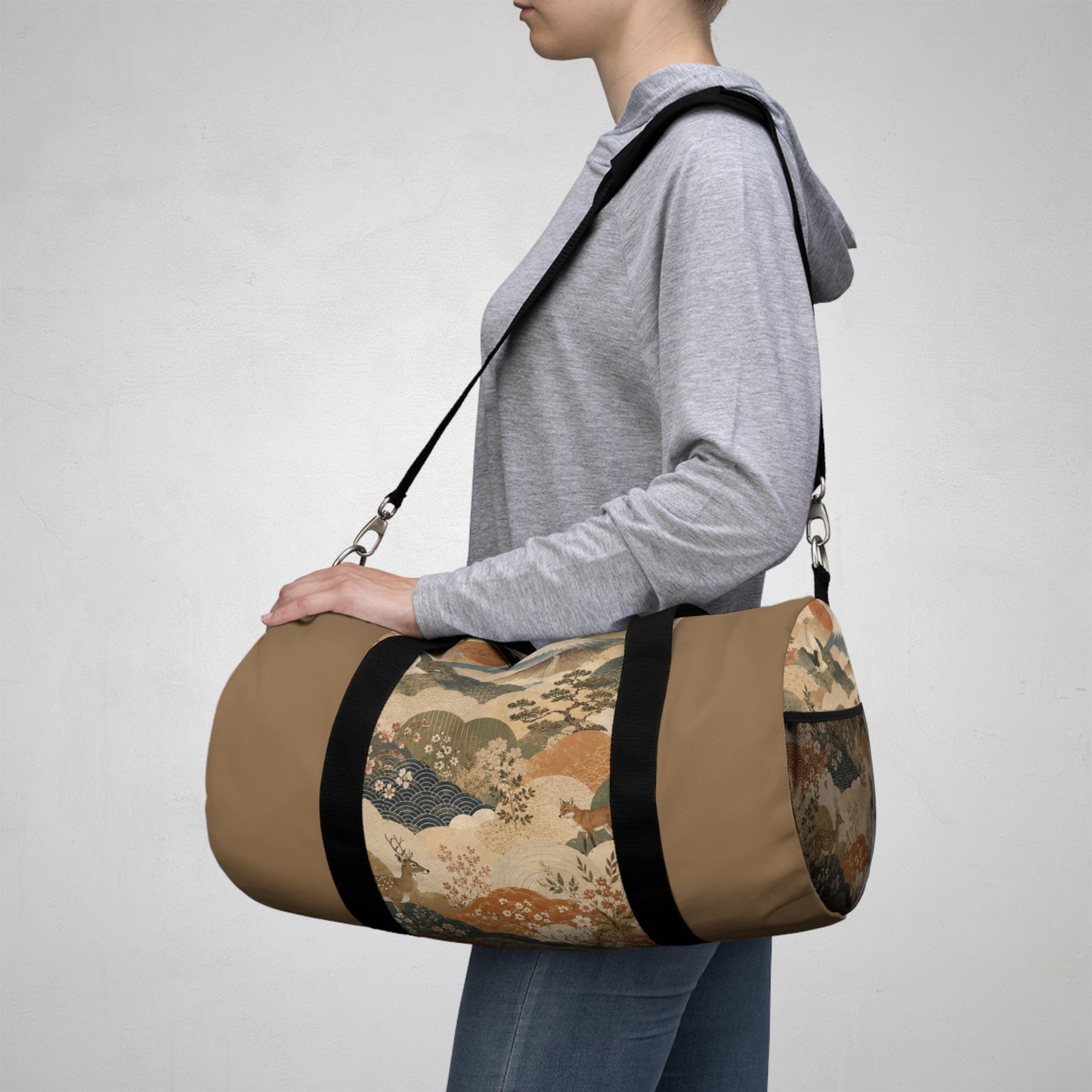 Vintage Japanese Earth Brown Animal Landscape Duffel Gym Bag