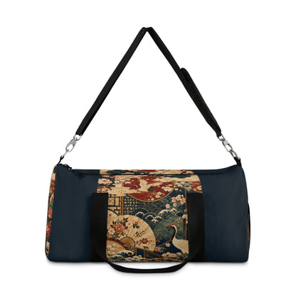 East Asian Floral Crane Navy Blue Duffel Gym Bag