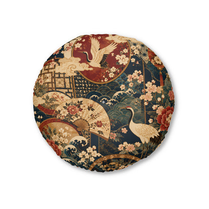 East Asian Floral Crane Round Tufted Floor Pillow