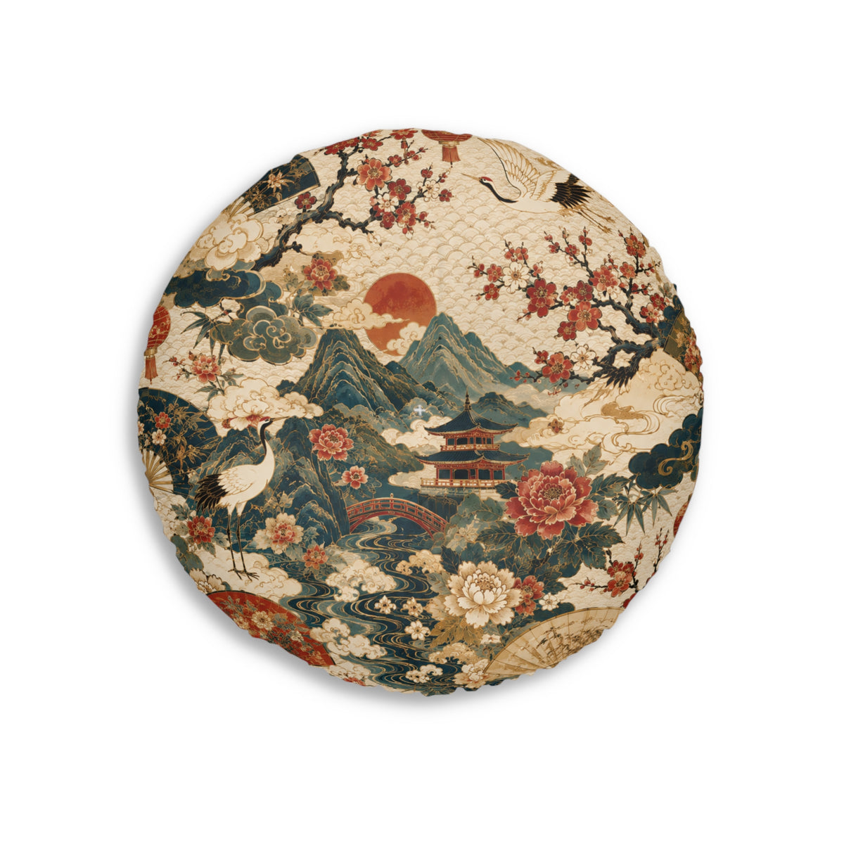 East Asian Landscape Round Tufted Floor Pillow