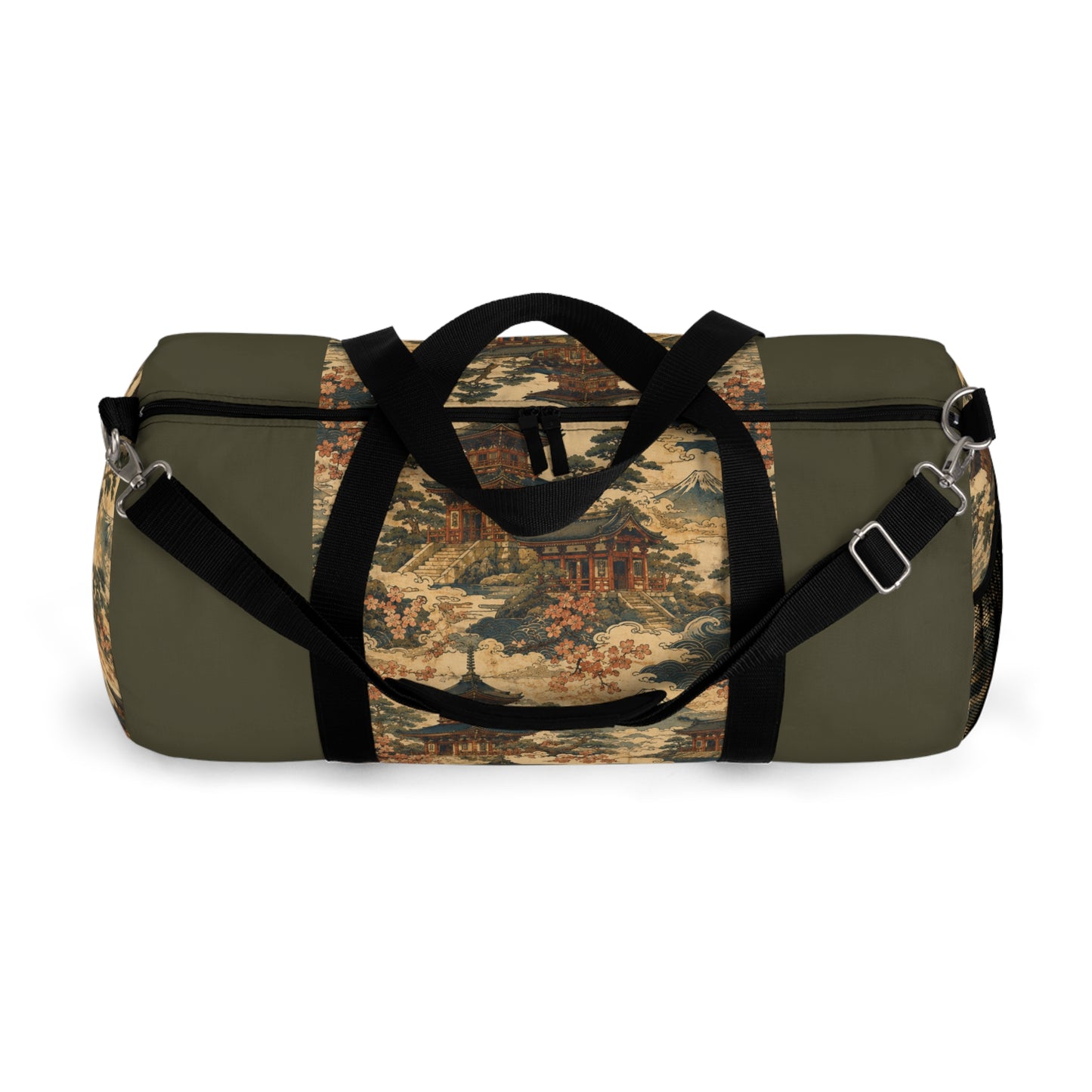Vintage Japanese Military Green Temple Painting Duffel Gym Bag