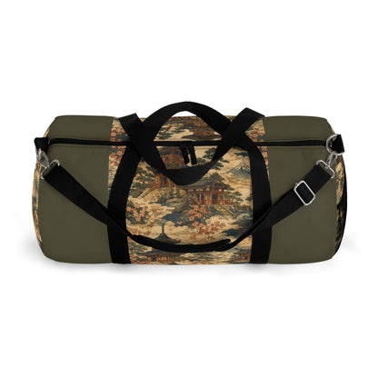 Vintage Japanese Military Green Temple Painting Duffel Gym Bag