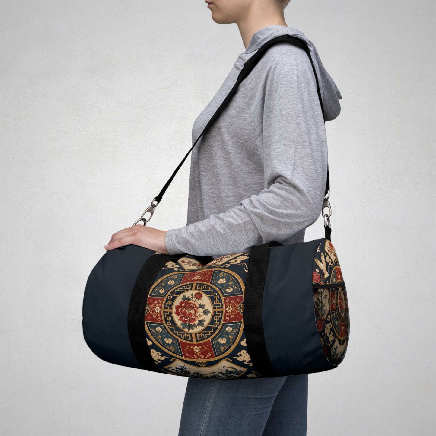 East Asian Oriental Medallion Navy Blue Duffel Gym Bag