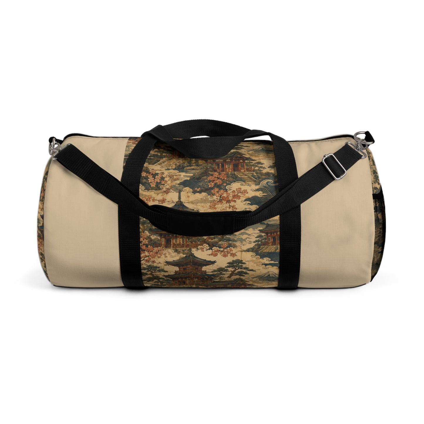 Vintage Japanese Honey Beige Temple Painting Duffel Gym Bag