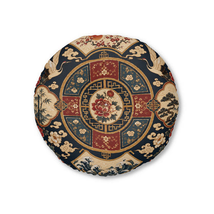 East Asian Oriental Floral Medallion Round Tufted Floor Pillow
