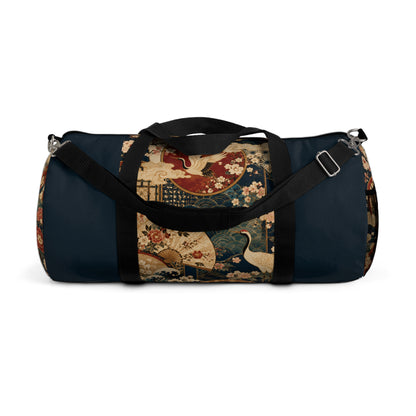 East Asian Floral Crane Navy Blue Duffel Gym Bag