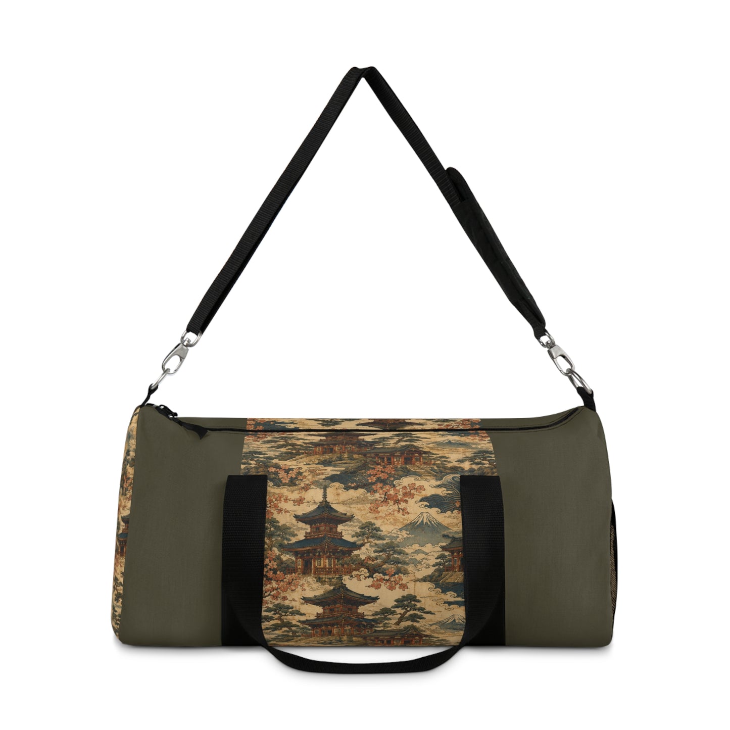 Vintage Japanese Military Green Temple Painting Duffel Gym Bag