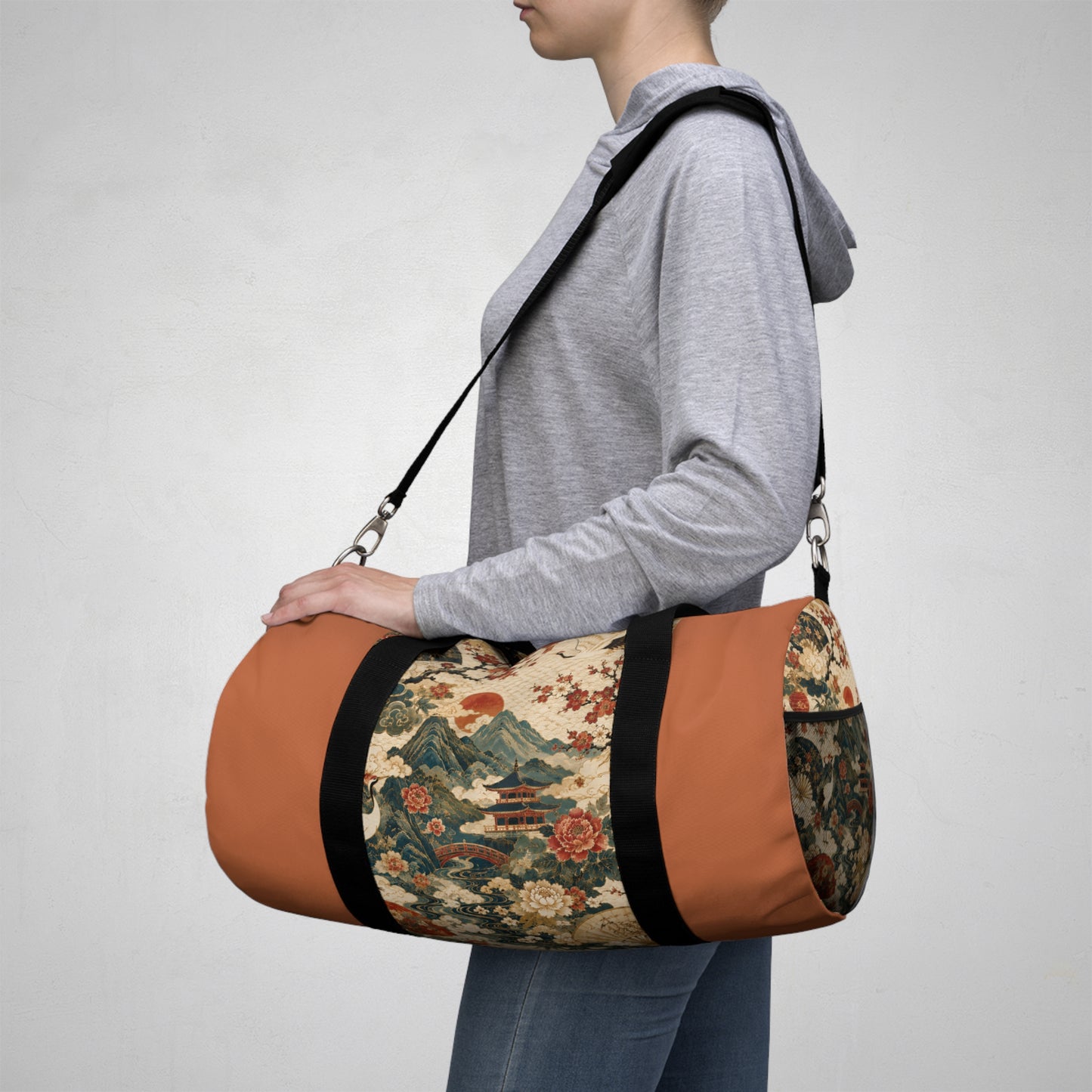 East Asian Vintage Landscape Papaya Orange Duffel Gym Bag