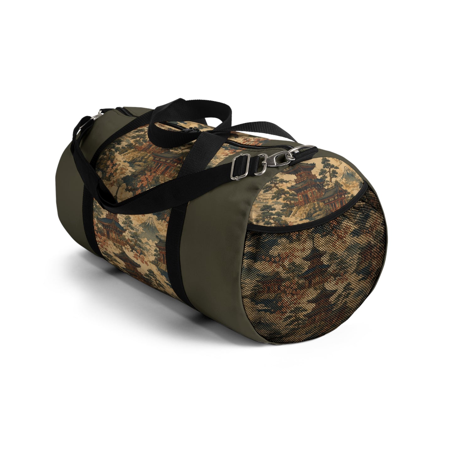 Vintage Japanese Military Green Temple Painting Duffel Gym Bag