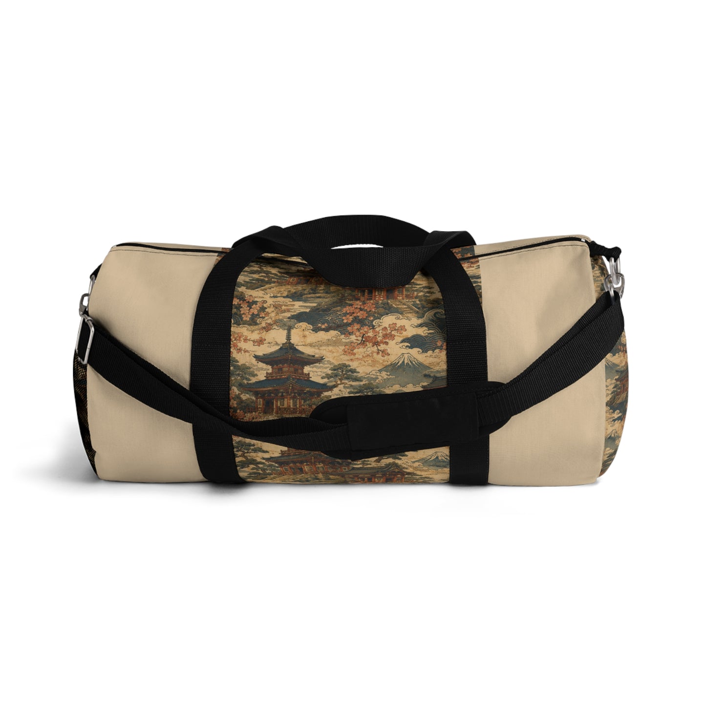 Vintage Japanese Honey Beige Temple Painting Duffel Gym Bag