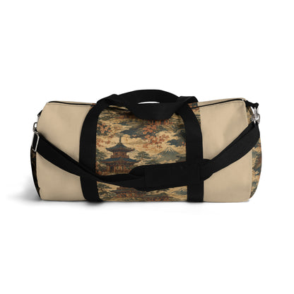 Vintage Japanese Honey Beige Temple Painting Duffel Gym Bag
