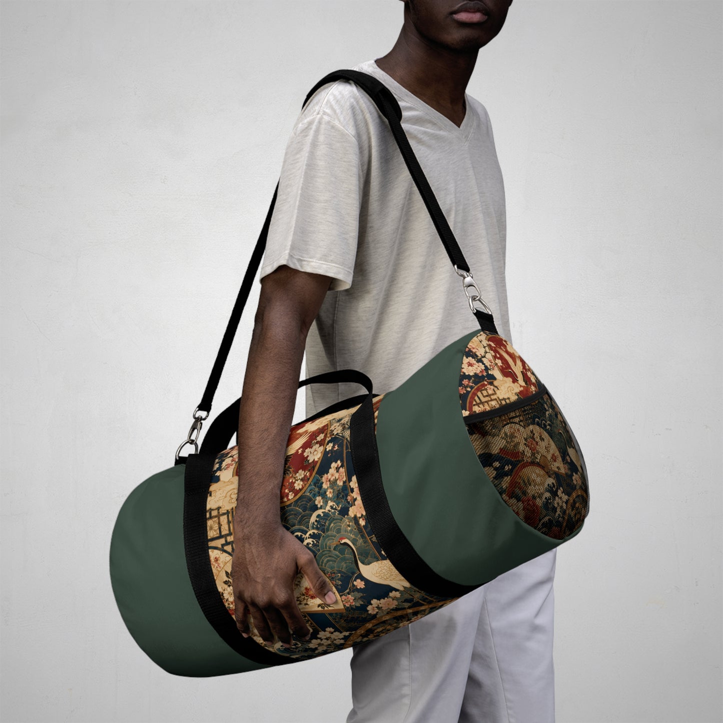 East Asian Floral Crane Sage Green Duffel Gym Bag