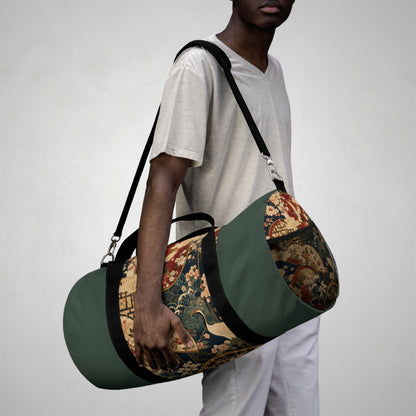 East Asian Floral Crane Sage Green Duffel Gym Bag